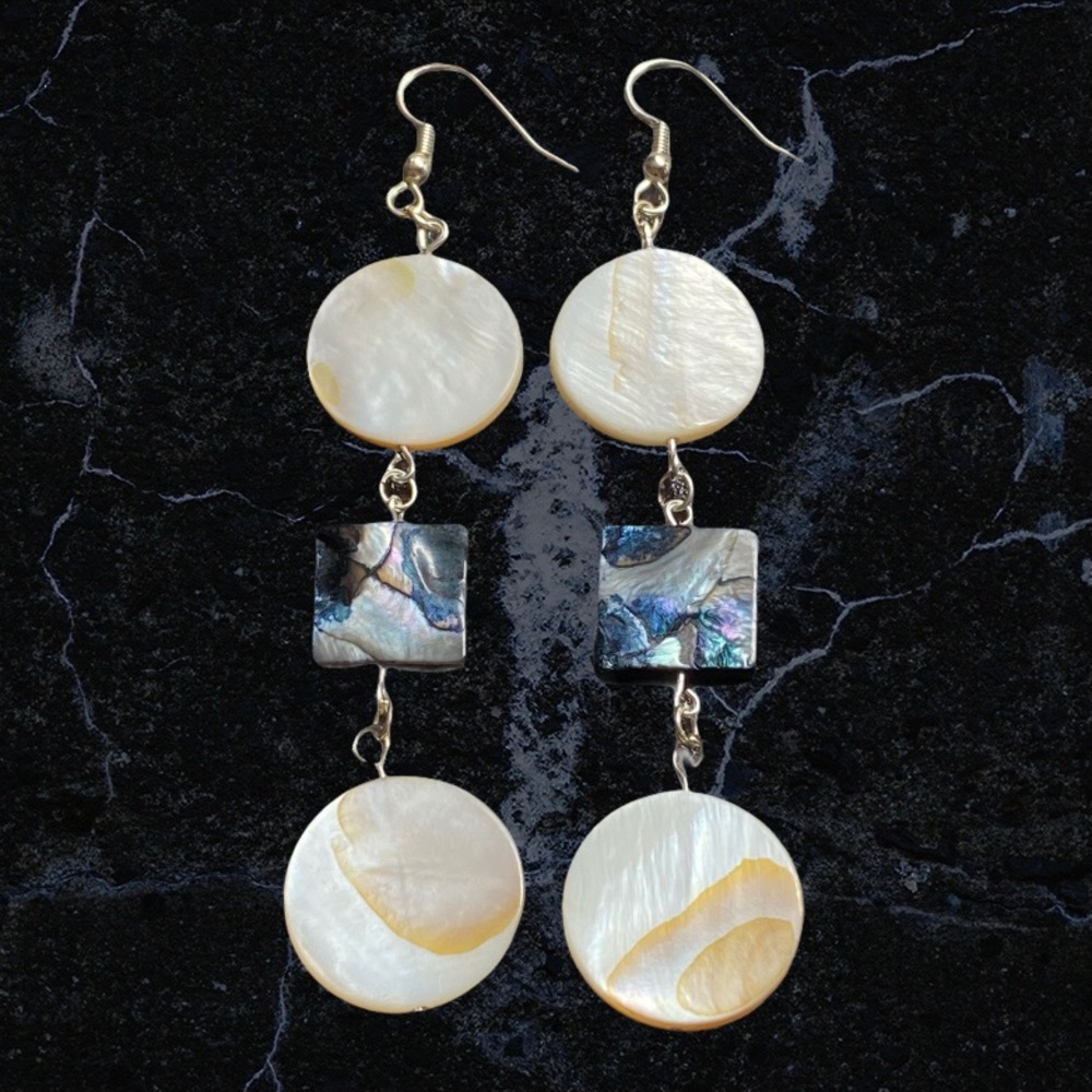 Hand Crafted Mother Of Pearl Earrings Dangle White & Steel Blue Handmade - Picture 3 of 6